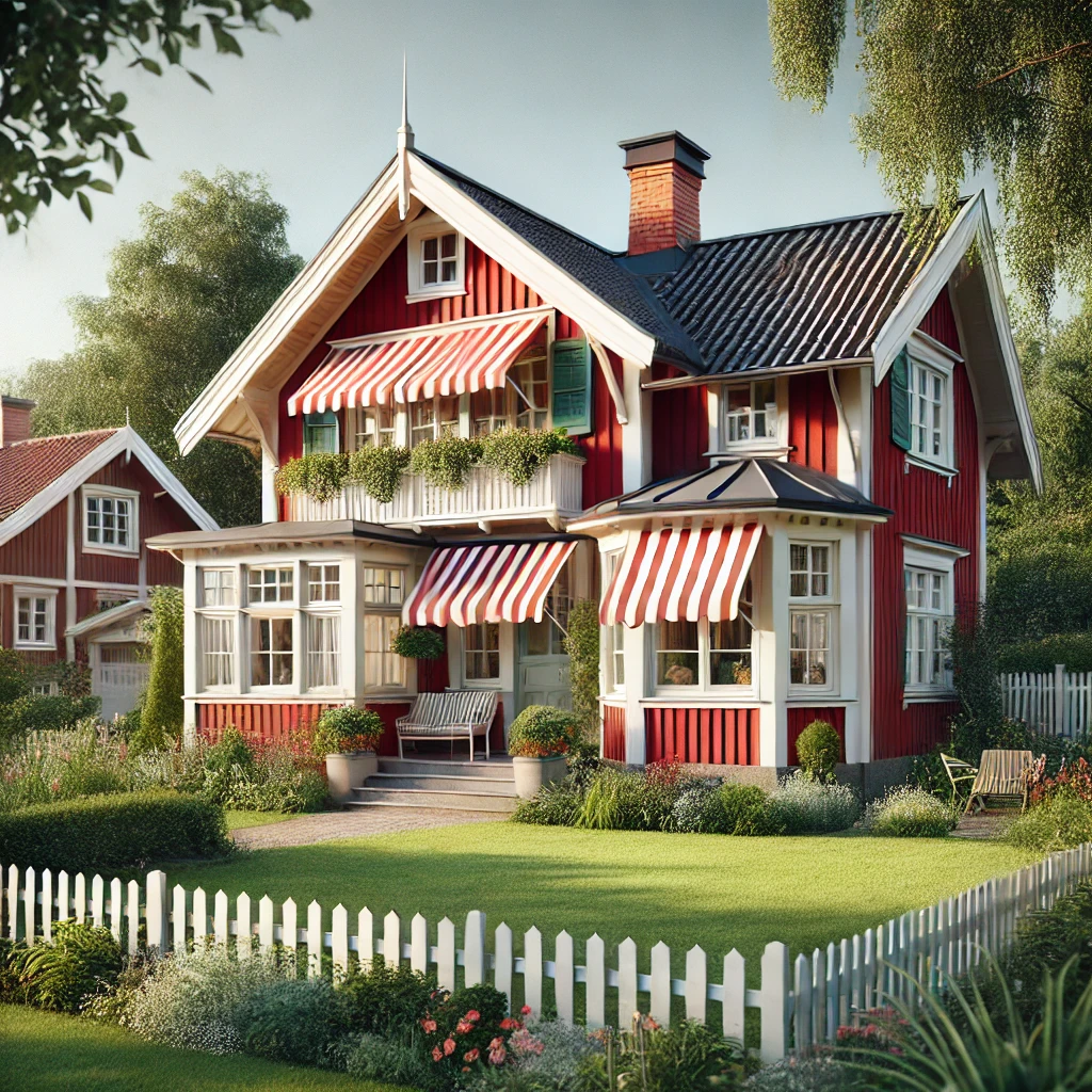 [En solig terrass i Karlstad med en elegant markis som skapar skugga över en uteplats med bord och stolar]